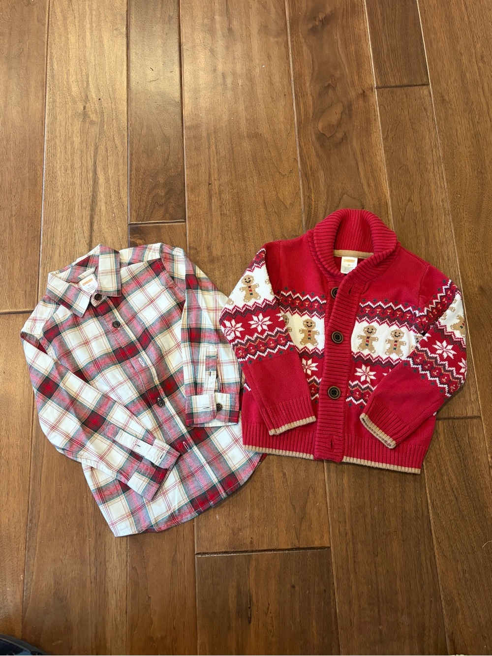 Gymboree Red Holiday Cardigan with Gingerbread & plaid shirt 3T